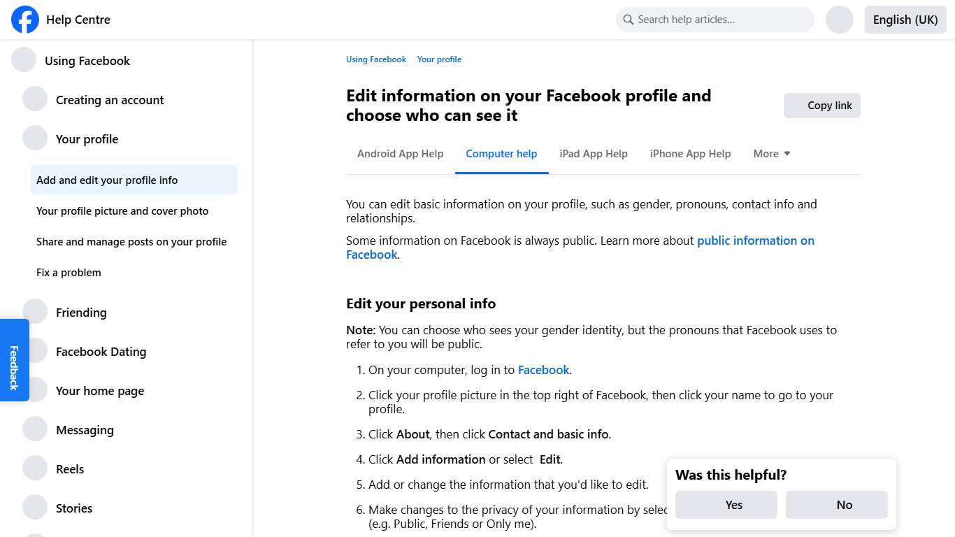 Edit information on your Facebook profile and choose who can see it | Facebook Help Centre