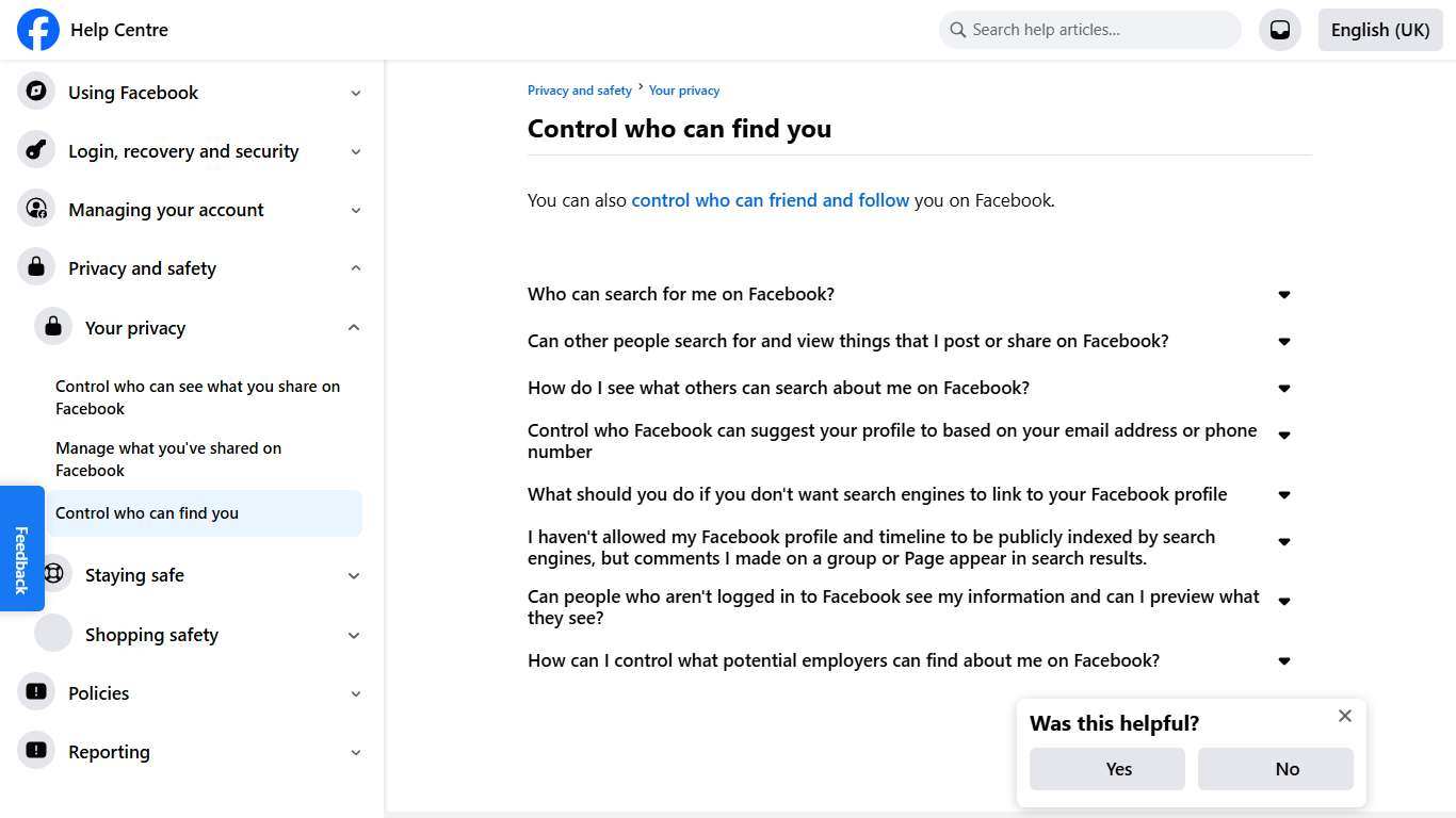 Control who can find you | Facebook Help Centre